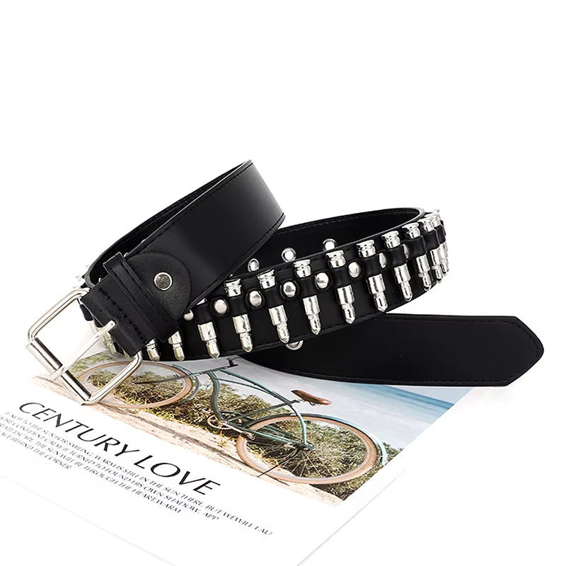 Rivet Hollow Bullet Decoration Belt Leather Studded Goth Rock Wild Adjustable Women Punk Black Belt