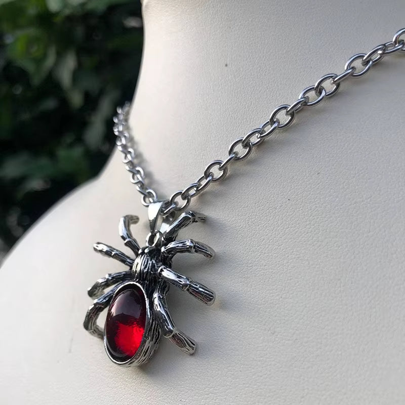 Vintage Red Crystal Spider Pendant Necklaces Punk Rock Gothicinsect Animal Choker for Men Boyfriend Gift Party Club Jewelry