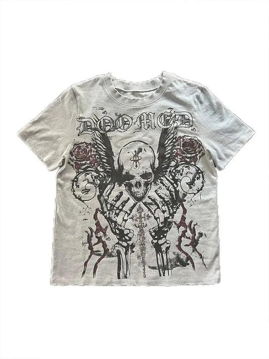 Retro Skull Large Pattern Short-Sleeved T-Shirt High Street Dark Punk Y2K 90S Harajuku round Neck Oversize Loose Tops Clothes